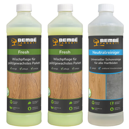 Bembé Parkett Pflegeset aus 3 Flaschen bestehend aus 2x Fresh und 1x Neutralreiniger für geöltes oder gewachstes Parkett